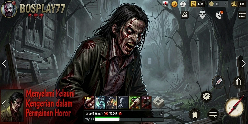 Menampilkan gameplay menegangkan dari BOSPLAY77 saat menjelajahi lingkungan horor.