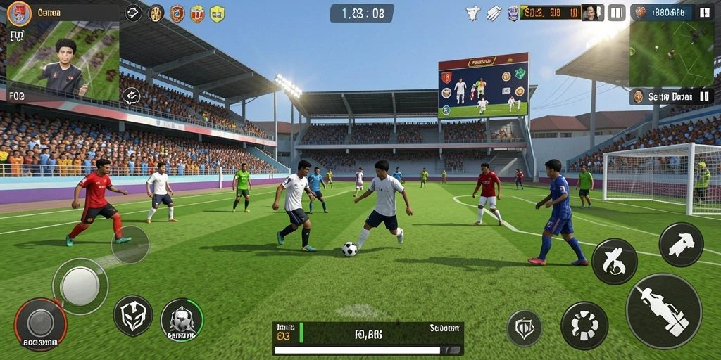 Tangkapan layar utama F08 menampilkan aksi mendebarkan di lapangan sepak bola.