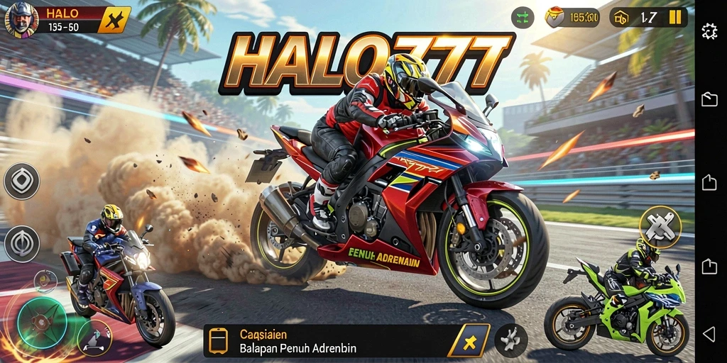 Gameplay mendebarkan dalam game balapan motor HALO777.