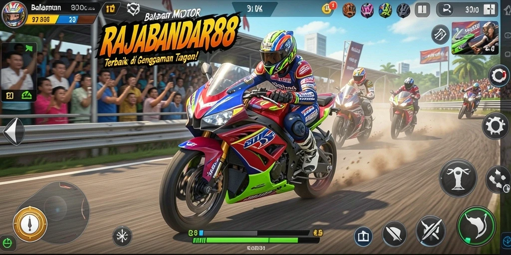 Screenshot gameplay RAJABANDAR88 dengan aksi balapan motor yang mendebarkan.