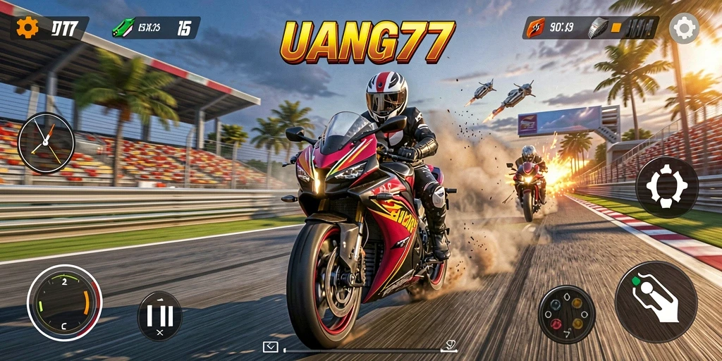 Tampilan seru balapan motor di UANG77 dengan grafis menawan.